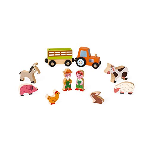 Product Cover Janod Mini Story Box Toy - 10 Piece Imagination and Roll Playing On The Farm Painted Wooden People and Animal Play Set with for Imaginative Play for Ages 3+