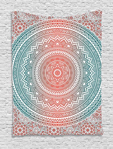 Product Cover Ambesonne Teal and Coral Tapestry, Ombre Mandala Art Antique Gypsy Folk Pattern Mystical Cosmos Image, Wall Hanging for Bedroom Living Room Dorm Decor, 40