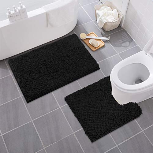 Product Cover MAYSHINE Bathroom Rug Toilet Sets and Shaggy Non Slip Machine Washable Soft Microfiber Bath Contour Mat (Black, 32x20 / 20x20 Inches U-Shaped)