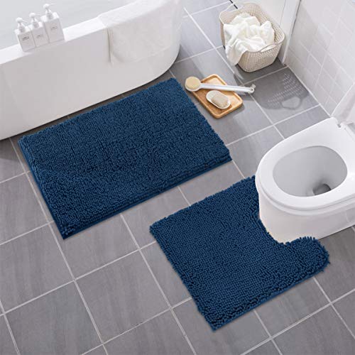 Product Cover MAYSHINE Bathroom Rug Toilet Sets and Shaggy Non Slip Machine Washable Soft Microfiber Bath Contour Mat (Navy Blue, 32x20 / 20x20 Inches U-Shaped)