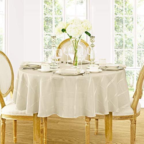 Product Cover Elegance Plaid Contemporary Woven Solid Decorative Tablecloth by Newbridge, Polyester, No Iron, Soil Resistant Holiday Tablecloth, 90 Round, Beige