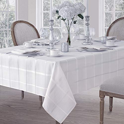 Product Cover Newbridge Elegance Plaid No-Iron Soil Resistant Fabric Woven Tablecloth - 60 X 102 Oblong - White