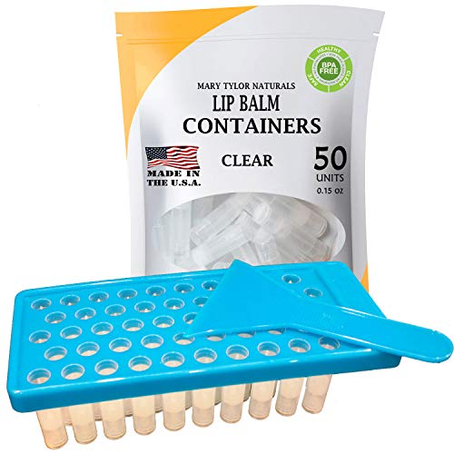 Product Cover Lip Balm Container Tray Kit with Fill Tray and Spatula, BPA Free, Made in the USA, Includes 50 Clear Lip Balm Containers with Caps (0.15 oz each) by Mary Tylor Naturals