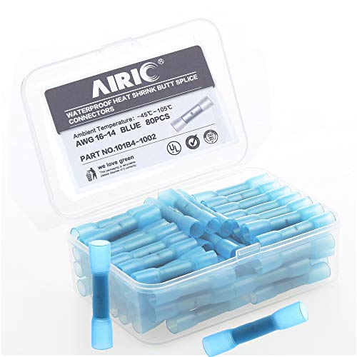 Product Cover AIRIC 80pcs Waterproof Heat Shrink Butt Splice Connectors Insulated Blue 16-14 Gauge Wire Marine Automotive Electrical Crimp Connectors Kit