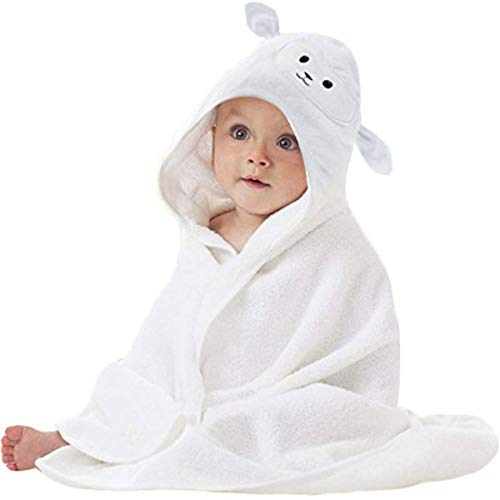 Product Cover Organic Bamboo Baby Hooded Towel | Ultra Soft and Super Absorbent Toddler Hooded Bath Towel with Cute Lamb Face Design | Great Infant/Newborn Shower Present for Boy or Girl