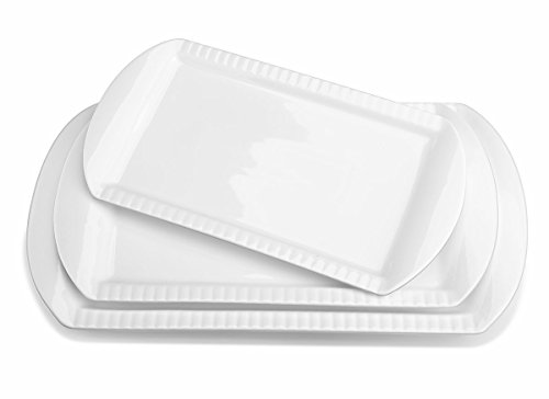 Product Cover LIFVER Large Porcelain Embossed Rectangular Platter, Serving Plates, 15.6 Inch, 13.8 Inch, 12.2 Inch, Set of 3, White