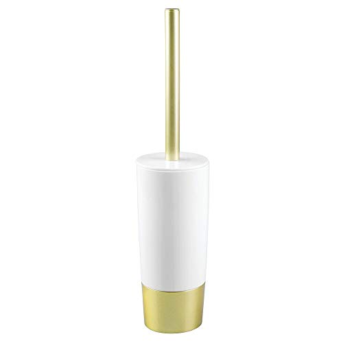 Product Cover mDesign Decorative Compact Freestanding Plastic Toilet Bowl Brush and Holder for Bathroom Storage and Organization - Metal Handle/Base - Space Saving, Sturdy, Deep Cleaning - White/Gold Brass