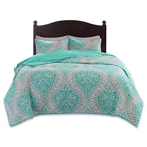 Product Cover Comfort Spaces Coco 3 Piece Quilt Coverlet Bedspread Ultra Soft Printed Damask Pattern Hypoallergenic Bedding Set, Full/Queen, Teal - Grey