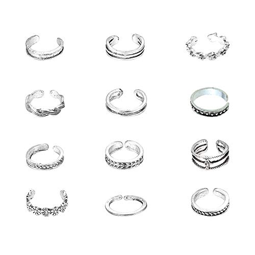 Product Cover Bingirl 12pcs Celebrity Fashion Retro Silver Carved Flower Adjustable Open Toe Ring Finger Foot Jewelry