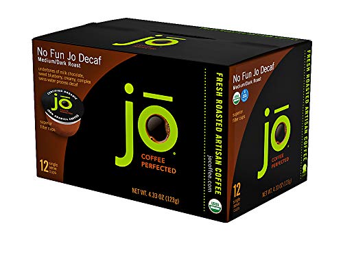 Product Cover NO FUN JO DECAF: 12 Cup Organic Swiss Water Process Decaffeinated Single Serve Coffee, Eco-Friendly Cup for Kuerig 1.0 & 2.0 K-Cup Brewers, Medium/Dark Roast, Non-GMO, Chemical Free, Gluten Free Decaf