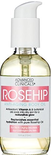 Product Cover Advanced Clinicals Rosehip Body Oil. Anti-Aging oil with Vitamin A for neck, decollete, sun damaged, dry skin. 3.8 oz.