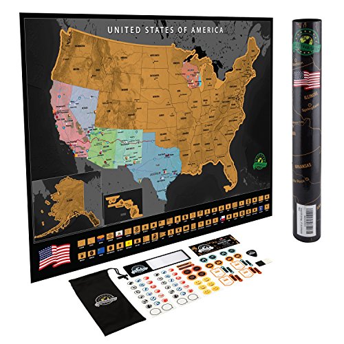 Product Cover Scratch Off Map of The United States - Deluxe Travel Map with 50 State Flags and Landmarks - Tracks Where You Have Been, Full Accessories Set Included, Perfect Gift for Travelers, by Earthabitats