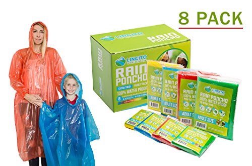 Product Cover Lingito Rain Poncho Family Pack: Extra Thick -Disposable Emergency Rain Ponchos for Men, Women and Teens, Children (8pack)