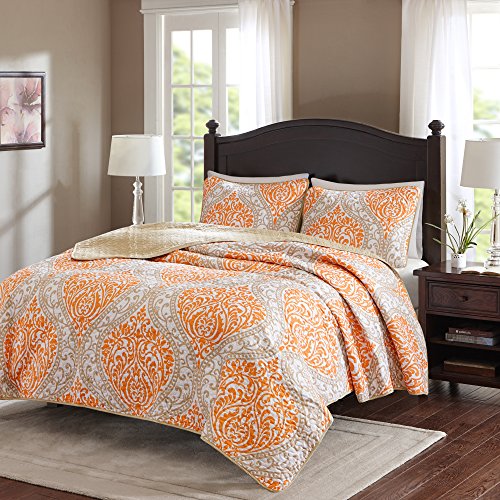 Product Cover Comfort Spaces Coco 2 Piece Quilt Coverlet Bedspread Ultra Soft Printed Damask Pattern Hypoallergenic Bedding Set, Twin/Twin XL, Orange - Taupe