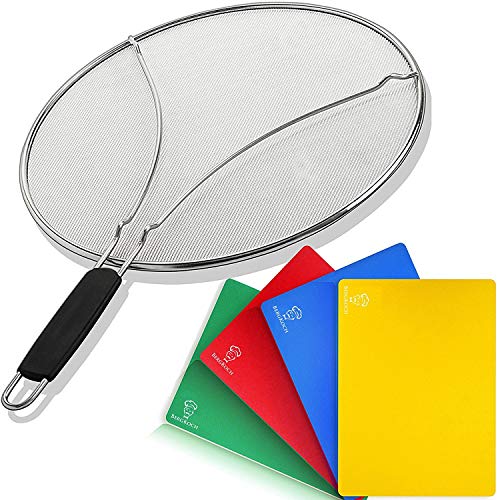 Product Cover Splatter Screen for Frying Pan 13 inch & 4 Flexible Cutting Boards - Grease Splatter Guard Shield - Protects & Stops Hot Oil Splash - Use for Cooking Bacon - Kitchen Tools for Frying Pan