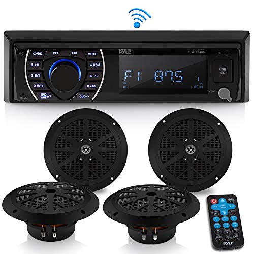 Product Cover Marine Head Unit Receiver Speaker Kit - In-Dash LCD Digital Stereo Built-in Bluetooth & Microphone w/ AM FM Radio System 6.5'' Waterproof Speakers (4) MP3/SD Readers & Remote Control - Pyle PLMRKT48BK