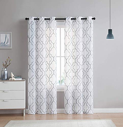 Product Cover 2 Pack: VCNY Home Charlotte Embroidered Quatrefoil Trellis Semi Sheer Curtain Panels - Assorted Colors & Sizes (96 in. Length, Grey)