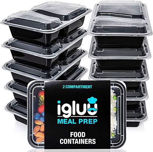 Product Cover Igluu Meal Prep Containers [10 Pack] 2 Compartment with Airtight Lids - Plastic Food Storage Bento Box - BPA Free - Reusable Lunch Boxes - Microwavable, Freezer and Dishwasher Safe - Bonus eBook