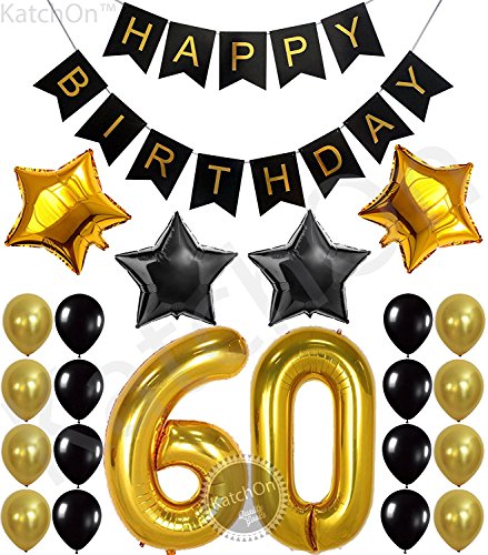 Product Cover KatchOn 60th Birthday Party Decorations KIT - Happy Birthday Black Banner, 60th Gold Number Balloons,Gold and Black, Number 60, Perfect 60 Years Old Party Supplies,Free Bday Printable Checklist