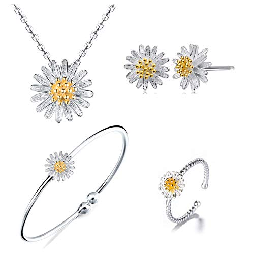 Product Cover ISAACSONG.DESIGN 925 Sterling Silver Daisy/Sakura/Snowflake Flower Crystal Pendant Necklace Earring Bracelets Ring Set for Women (Fresh Love As Daisy Set)