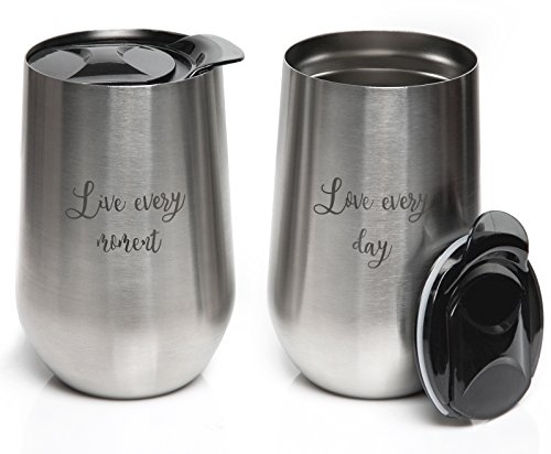 Product Cover Insulated Stainless Steel Wine Glasses - 2x Stemless Tumbler Cup with Lid - 16 Oz Unbreakable Outdoor Travel Mug Set - Wine & Coffee Stay Cold or Warm for 3 Hours