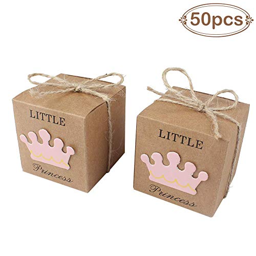 Product Cover AerWo 50pcs Little Princess Baby Shower Favor Boxes + 50pcs Twine Bow, Rustic Kraft Paper Candy Bag Gift Box for Baby Shower Party Supplies Cute 1st Birthday Girl Decoration, Pink
