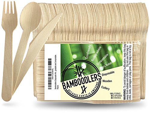 Product Cover BAMBOODLERS Disposable Wooden Cutlery Set | 100% All-Natural, Eco-Friendly, Biodegradable, and Compostable - Because Earth is Awesome! Pack of 200-6.5