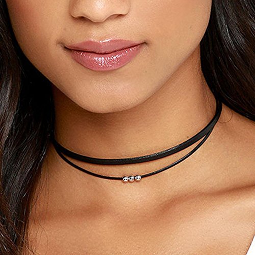 Product Cover Hunputa Women Punk 2 Layers Flannel Pearl Double Chain Necklace Collar Choker