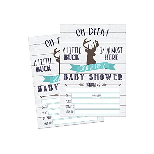 Product Cover 50 Fill in Deer Baby Shower Invitations, Baby Shower Invitations Hunting, Camping, Camo, Buck, Rustic, Neutral, Woodland Baby Shower Invites for Boy, Baby Invitation Cards Printable