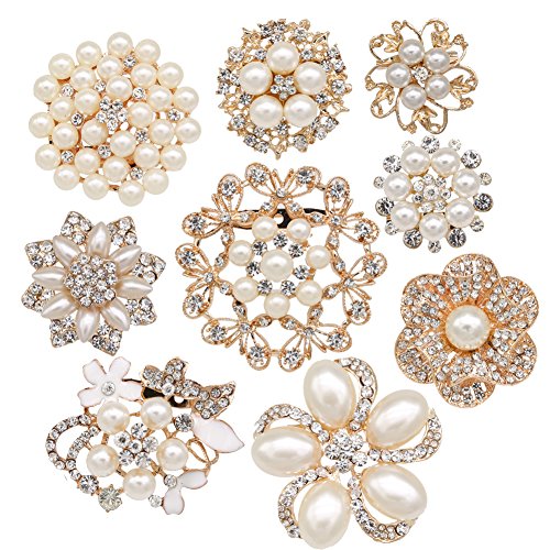 Product Cover Lot 9pcs Rose Gold-tone Rhinestone brooches, eGlomart Big Pearl Crystal wedding bouquet kit set