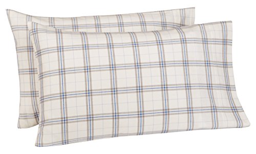 Product Cover Pinzon 160 Gram Plaid Flannel Cotton Pillowcases, Set of 2, King, Cream / Blue Stripe Plaid