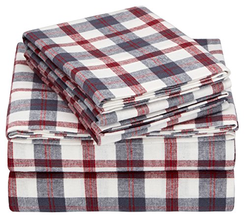 Product Cover Pinzon 160 Gram Plaid Flannel Cotton Bed Sheet Set, Queen, Red / Grey Plaid