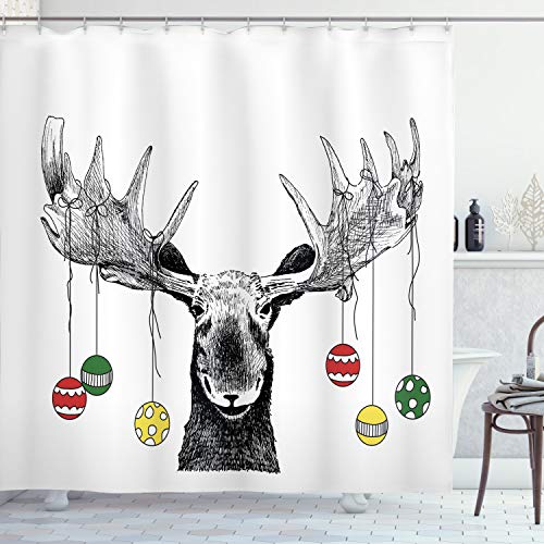 Product Cover Ambesonne Christmas Shower Curtain, Cloth Fabric Bathroom Decor Set with Hooks, Ornaments Balls Hanging, 70
