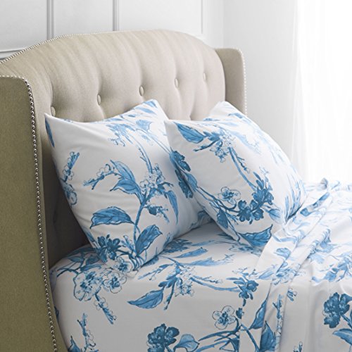 Product Cover AmazonBasics Pinzon Signature 190-Gram Cotton Heavyweight Velvet Flannel Sheet Set - Queen, Floral Smoky Blue