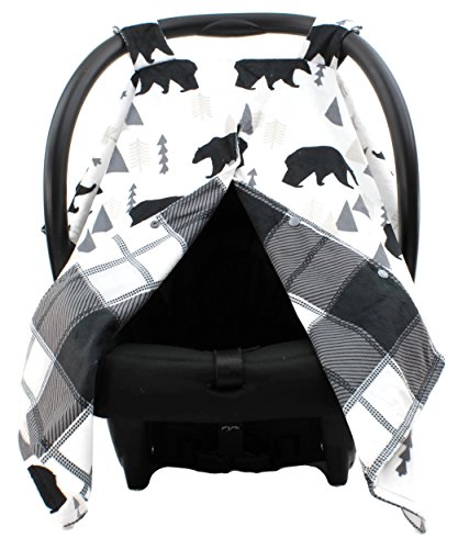 Product Cover Dear Baby Gear Deluxe Car Seat Canopy, Custom Minky Print Black Bears, Black and Grey Plaid Minky