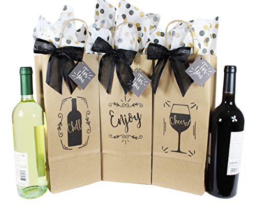 Product Cover Wine Bottle Gift Bags for All Occasions. Set of 6 Includes Tissue Paper, Gift Tag and Twist-Tie Bow. Bags Made in USA of 100% Recyclable Materials. Pack of 6 Single-Bottle Bags, Kraft Brown.