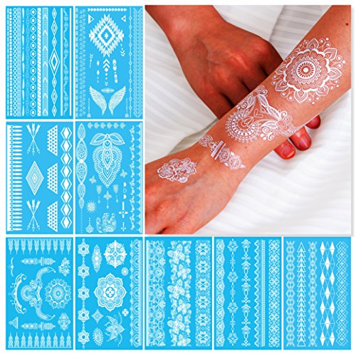 Product Cover White Henna Temporary Tattoos for Women Teens Girls - 9 Sheets White Lace Fake Stickers - Bride Wedding Cool Tattoo Designs Jewelry Tattoos - 100+ White Flash Realistic Waterproof Transfer