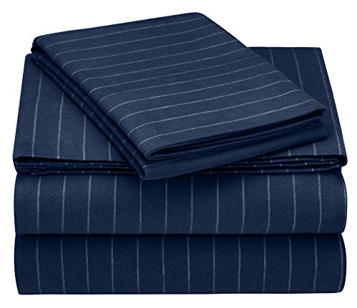 Product Cover Pinzon 160 Gram Pinstripe Flannel Cotton Bed Sheet Set, Twin XL, Navy Pinstripe