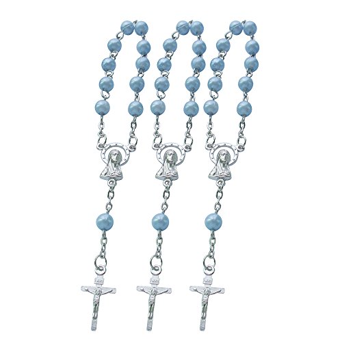 Product Cover Baptism Favors Mini Rosaries for boy - (24PCS) Blue Beads with Silver Plated Accents - Recuerditos De Bautismo - Finger Rosaries - First Holy Communion - Wedding