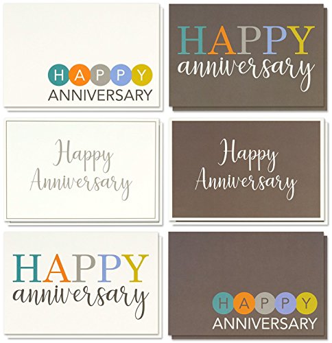 Product Cover 36 Pack Happy Anniversary Greeting Cards, 6 Modern Multi Color Embellished Style Designs, Bulk Box Set Variety Assortment, Envelopes Included, 4 x 6 Inches