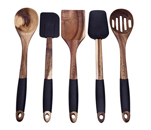 Product Cover TOOKSA- Premium 5 Piece Acacia Multi-toned Light and Dark Wooden Spoon, Turner and Spatula Utensil Set with Silicone, Rubber, Non-slip Handles (Black)