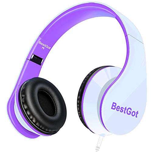 Product Cover BestGot kids Headphones girls Over Ear with microphone for kids adult In-line Volume with Transport Waterproof Bag Foldable Headphone with 3.5mm plug removable cord (White/Purple)