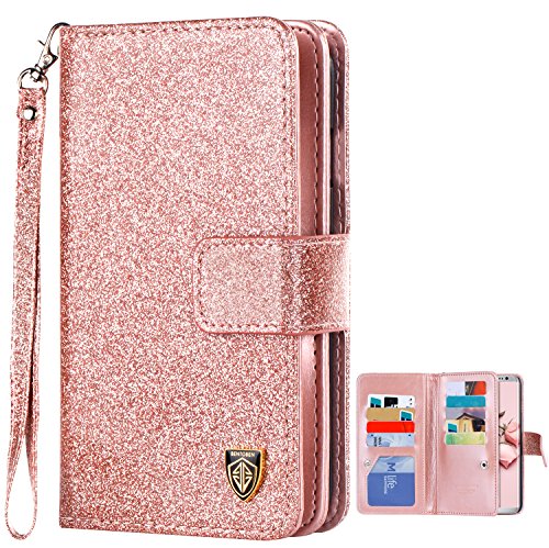 Product Cover S8 Plus Case Samsung Galaxy S8 Plus Case BENTOBEN Glitter Luxury Bling Faux Leather Flip Credit Card Holder Wristlet Shockproof Protective Wallet Case for Girls (6.2 inch) Rose Gold