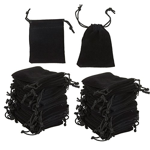 Product Cover 50 Pack Small Velvet Jewelry Bags with Drawstring Gift Pouch for Wedding Favor and Dice 3.4 x 2.5 inches (Black)