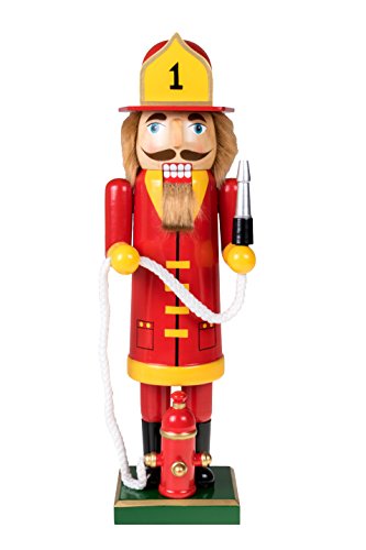 Product Cover Clever Creations Traditional Firefighter Wooden Nutcracker | Festive Christmas Nutcracker Dressed in Red Firefighter Uniform and Black Helmet | Stands at 14