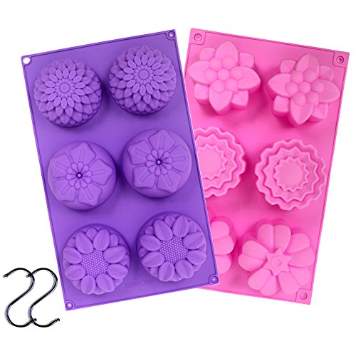 Product Cover YGEOMER 2 PCS 6 Cavity Assorted Silicone Flower Soap Mold DIY Soap Mold Handmade Chocolate Biscuit Cake Muffine Silicone Mold, with 2 S Hooks as Gift