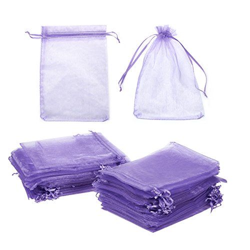 Product Cover Organza Gift Bags - 100-Piece Satin Drawstring Jewelry Pouch Wedding Gift Bags, Baby Shower Favor Bag - Organza Sheer Mesh Pouch Wrap for Party Gift, Arts Crafts, Sample Packing - Purple, 5 x 7 Inches