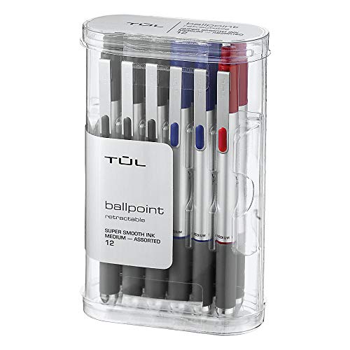 Product Cover TUL BP3 Retractable Ballpoint Pens, Medium Point, 1.0 mm, Silver Barrel, Assorted Ink Colors, Pack of 12 Pens