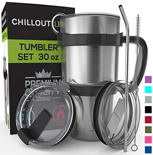Product Cover Stainless Steel Travel Mug with Handle 30oz - 6 Piece Set. Tumbler with Handle, Straw, Cleaning Brush & 2 Lids. Double Wall Insulated Large Coffee Mug Bundle