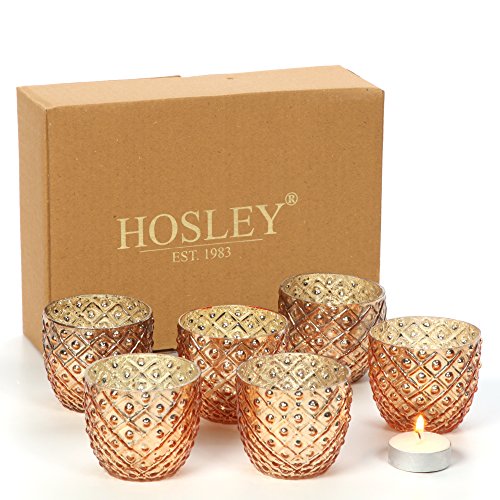 Product Cover Hosley Set of 6 Antique Gold Speckled Metallic Glass LED Votive Tealight Candle Holder 2.75 Inches Ideal for Bridal Weddings Parties Special Events Spa Aromatherapy Mini Flower Pots O3